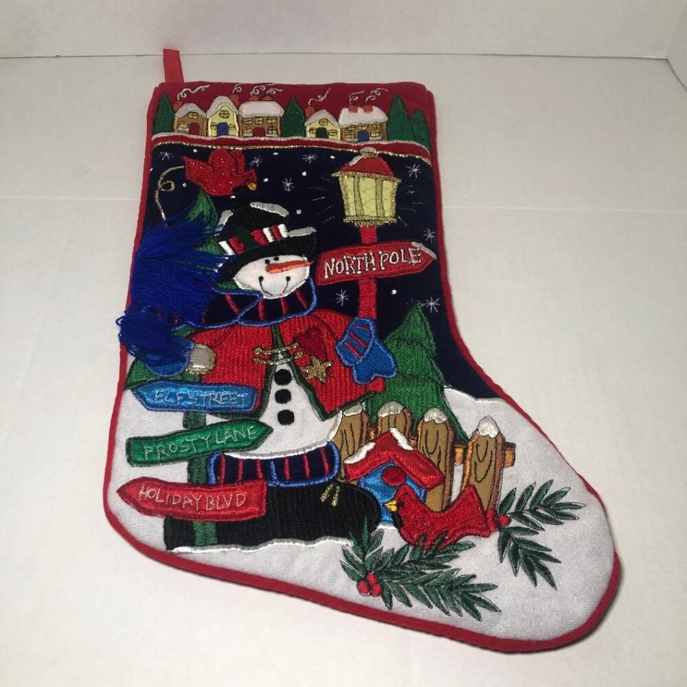 Festive Snowman Christmas Stocking with North Pole Scene Cardinal